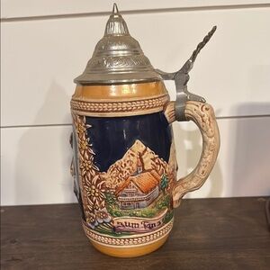 Vintage Gerz W. Germany Ceramic Beer Stein with Pewter Lid